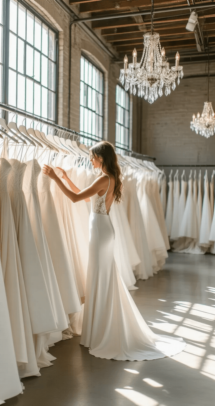 Budget-Friendly Wedding Dresses: Your Ultimate Guide to Affordable Bridal Style A bride in an industrial-chic bridal sample sale setting examines a rack of white gowns, touching a simple silk sheath dress, with elegant chandeliers above and concrete floors, all captured in a bright, airy, documentary style.