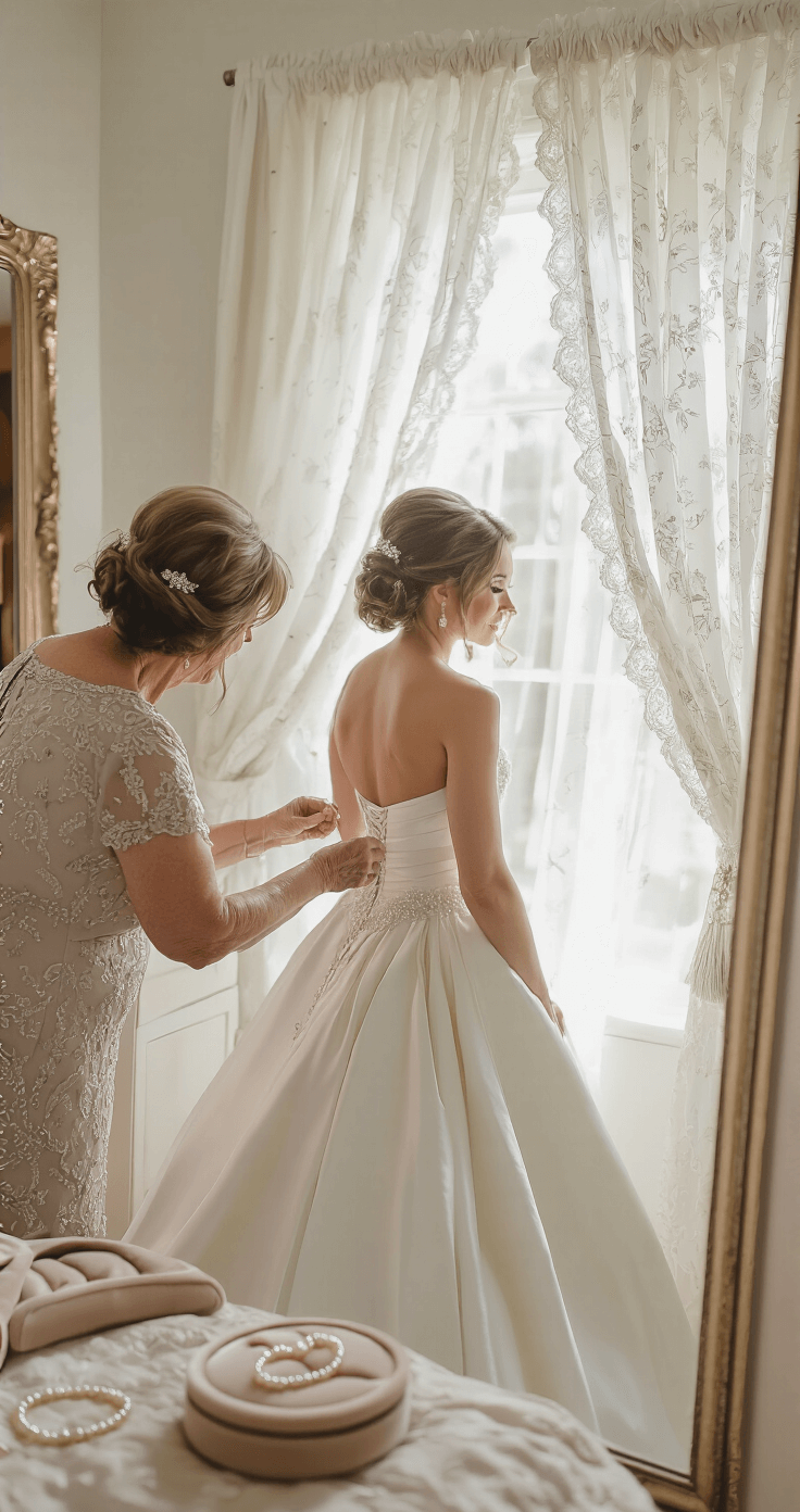 Budget-Friendly Wedding Dresses: Your Ultimate Guide to Affordable Bridal Style A bride in an ivory satin bridal gown with subtle beading admires herself in a mirror as her mother adjusts the sweetheart neckline. Vintage pearls sit on a velvet ring dish beside them, and soft lace curtains diffuse the morning light, creating a dreamy atmosphere. The scene captures their emotional connection.