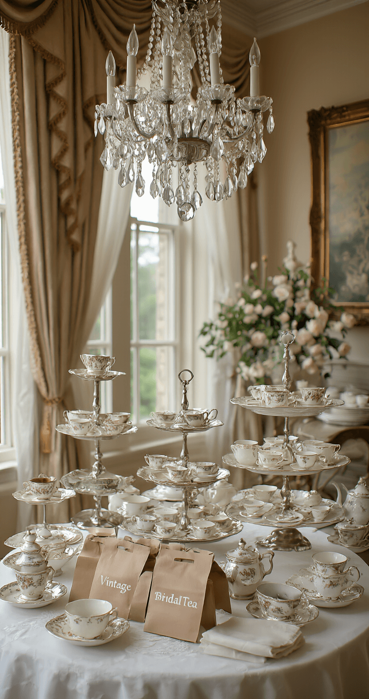 A stylish vintage tea party bridal shower setup in a 16x20ft hotel suite, featuring mismatched antique teacups, silver service, and a dessert display with tiered cake stands, all illuminated by soft daylight through sheer curtains.