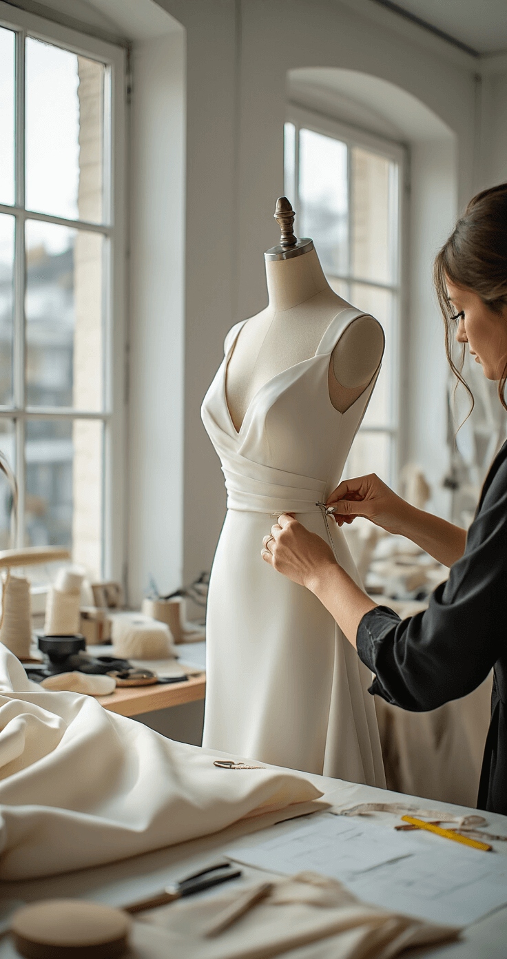 Budget-Friendly Wedding Dresses: Your Ultimate Guide to Affordable Bridal Style A seamstress skillfully pins a minimalist crepe dress on a bride in a professional alterations studio, surrounded by elegant fabric swatches and precision tools. Bright natural light floods the workspace, highlighting the detailed handwork and transformed silhouette of the couture piece.