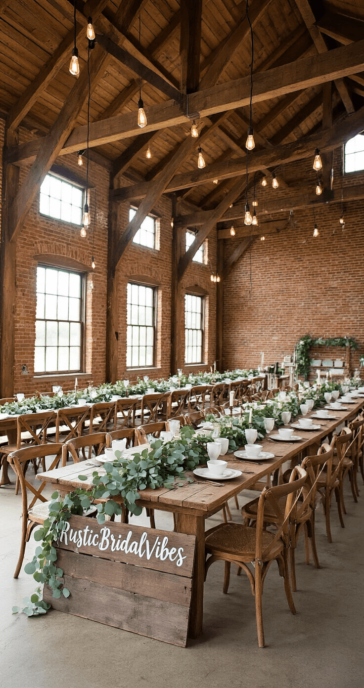 A rustic-modern barn space with wooden trusses, clerestory windows, exposed brick walls, vintage Edison bulb lights, and farm tables decorated with eucalyptus garlands, all under a reclaimed wood welcome sign reading '#RusticBridalVibes.'
