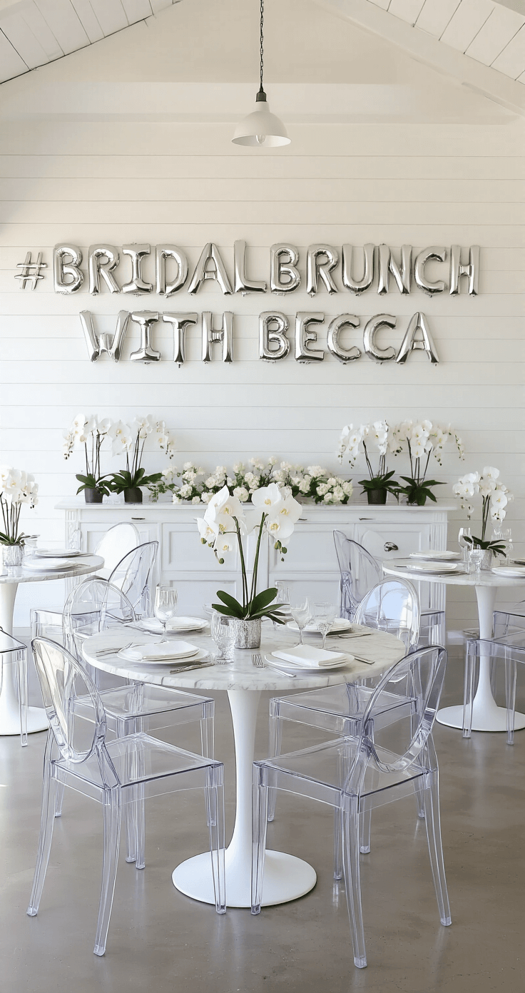 A bright coastal-inspired bridal brunch setup featuring whitewashed shiplap walls, ghost chairs around marble-topped tables adorned with white orchids, and chrome accents, with '#BridalBrunchWithBecca' spelled out in balloon letters as a backdrop.