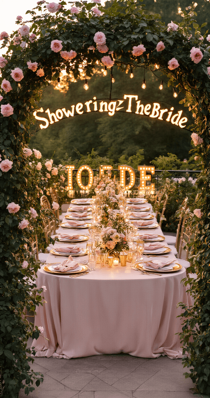 A romantic garden terrace at sunset, adorned with twinkling string lights, elegant table settings of gold chargers and blush linens, and marquee letters spelling '#ShoweringTheBride,' all framed by climbing roses, captured with a soft focus.