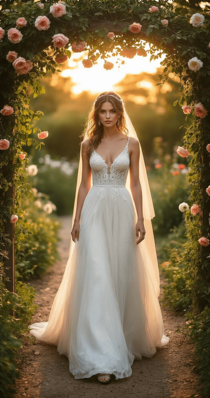 Budget-Friendly Wedding Dresses: Your Ultimate Guide to Affordable Bridal Style Sunset garden wedding ceremony featuring a bride in a $599 BHLDN gown with vintage-inspired beading walking through a rose-covered arbor, styled with heirloom jewelry, handmade silk flowers, and a family veil, all illuminated by golden hour lighting and captured with a telephoto lens for a dreamy bokeh background.
