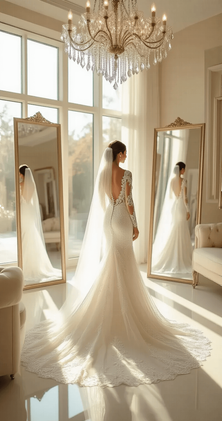 Elegant Modest Wedding Dresses: Your Ultimate Guide to Timeless Bridal Style A bride in a high-necked lace wedding gown stands in a sunlit boutique, reflected in triple mirrors. The gown features fitted sleeves and pearl detailing, complemented by a soft tulle veil. Expansive windows cast light on a white platform, while a crystal chandelier hangs above plush cream seating, creating a warm, ethereal atmosphere.