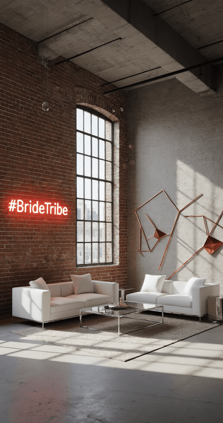 A contemporary urban loft with industrial windows and concrete floors, featuring minimalist white lounge furniture, chrome accents, and dramatic afternoon light. A neon '#BrideTribe' sign is displayed on an exposed brick wall, while geometric copper installations add a modern touch. The image is taken from a corner angle, highlighting architectural lines and depth.