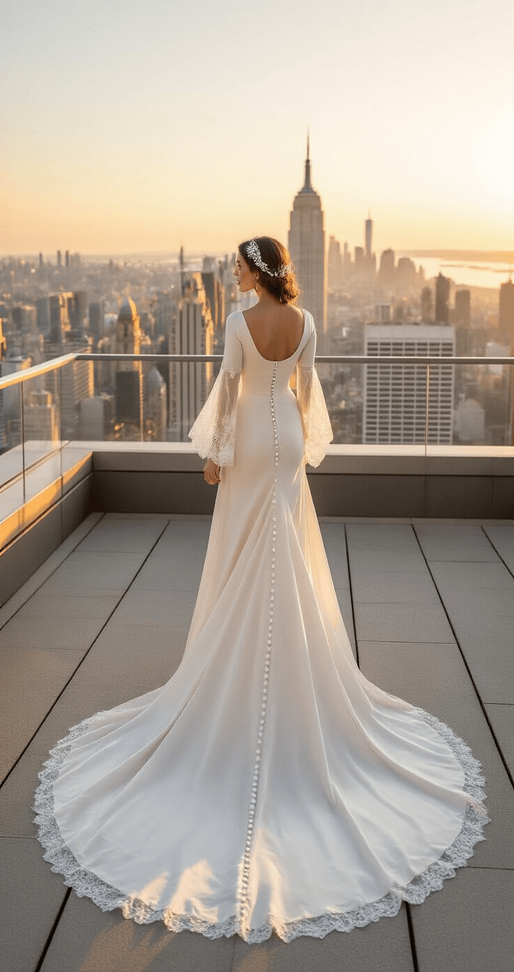 Elegant Modest Wedding Dresses: Your Ultimate Guide to Timeless Bridal Style A bride in a modest silk crepe gown with an elegant bateau neckline and long lace butterfly sleeves stands on a rooftop terrace, overlooking the Manhattan skyline during golden hour. The cathedral train of her dress spirals elegantly, while a vintage pearl hairpiece reflects the sunset glow. The shot is slightly elevated, capturing the dreamy background blur of the city and modern architectural elements framing the composition.