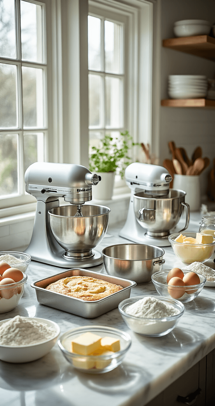 Professional kitchen setup for marble cake preparation featuring a stainless steel workstation, various cake pans, a stand mixer, and ingredients in glass bowls, illuminated by dramatic overhead lighting and soft natural light.