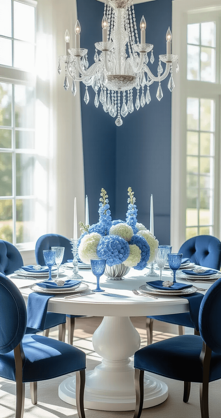 Bridal Shower Themes 2025: Your Ultimate Guide to Unforgettable Celebrations Elegant dining room with a blue tablescape, featuring a white silk-draped table, cascading hydrangea and delphinium centerpieces, navy velvet chairs, and cobalt glassware, all illuminated by afternoon light and a crystal chandelier.