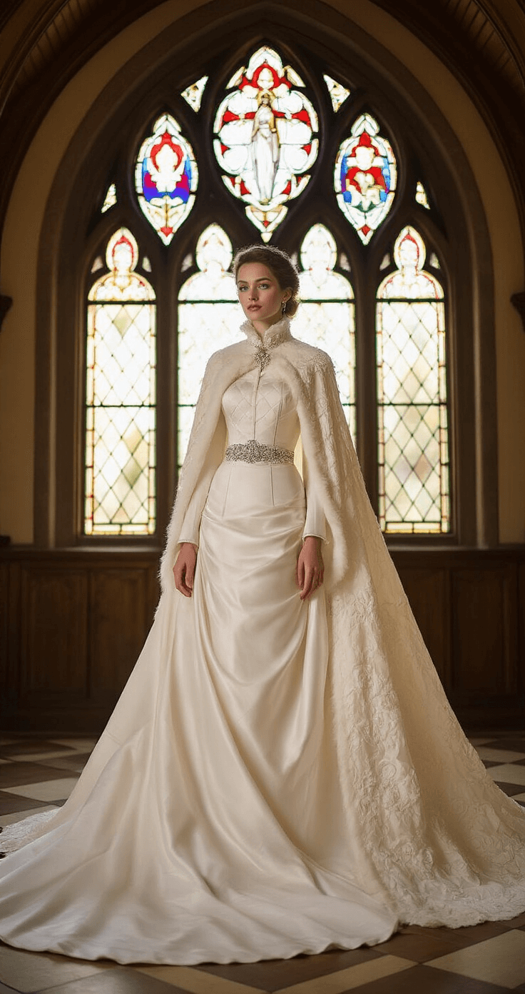 Elegant Modest Wedding Dresses: Your Ultimate Guide to Timeless Bridal Style Bride in a modest winter gown with an ivory velvet bodice and high collar stands in a historic chapel, bathed in warm late afternoon light streaming through stained glass windows. The quilted satin skirt features a subtle train, complemented by a delicate fur-trimmed cape and a crystal-beaded belt at the waist. The low-angle shot captures the gothic arches overhead, with soft focus highlighting the gown's details against the rich jewel tones of the stained glass.
