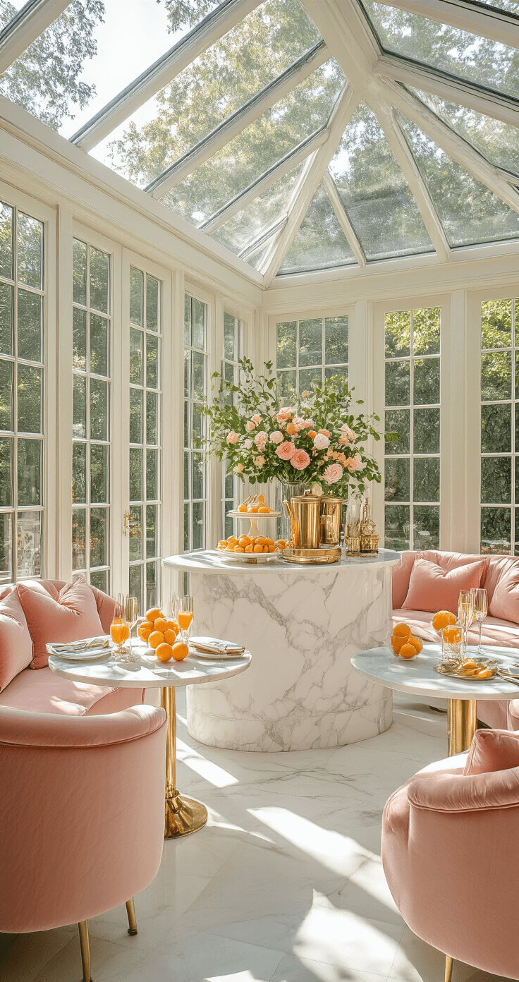 Bridal Shower Themes 2025: Your Ultimate Guide to Unforgettable Celebrations A spacious conservatory filled with morning sunlight, featuring a white marble brunch display and central mimosa bar with brass dispensers. Surrounded by blush velvet lounge seating and bistro tables adorned with fresh citrus and flowers, the scene is accented with gilt mirrors, greenery, and vintage champagne coupes.