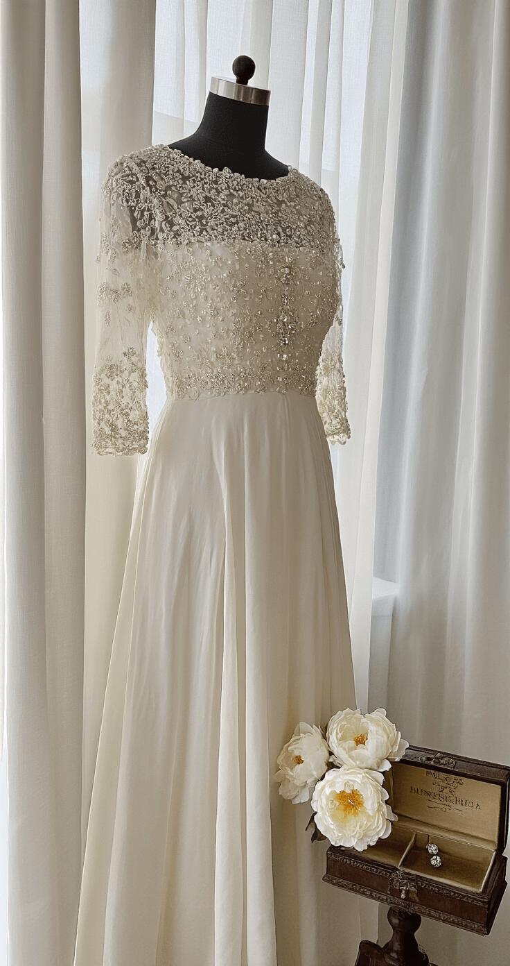 Elegant Modest Wedding Dresses: Your Ultimate Guide to Timeless Bridal Style Close-up of a minimalist bridal dress on a mannequin, showcasing a hand-embroidered bodice with tiny seed pearls and crystal beading, three-quarter length Alençon lace sleeves, and silk-covered buttons down the back, set in a softly lit room with sheer curtains, accompanied by a vintage jewelry box and fresh white peonies.