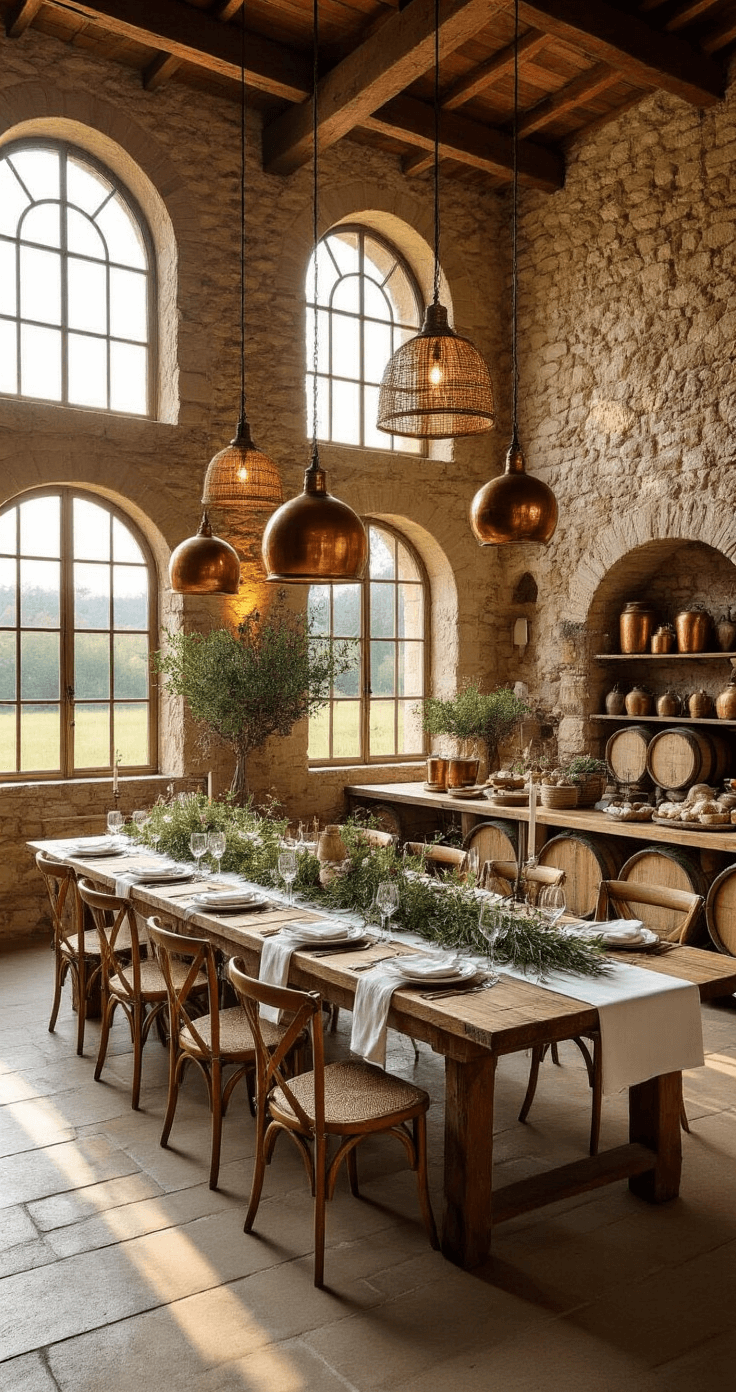 Bridal Shower Themes 2025: Your Ultimate Guide to Unforgettable Celebrations A spacious, rustic-luxe converted barn interior featuring stone walls and arched windows bathed in golden hour light, with long wooden tables adorned with olive branches and white linens, hanging copper pots, herb bundles, and vintage wine barrels, complemented by woven pendants, antipasti displays, and terracotta pot collections in a warm terracotta, sage, cream, and deep wine red color palette.