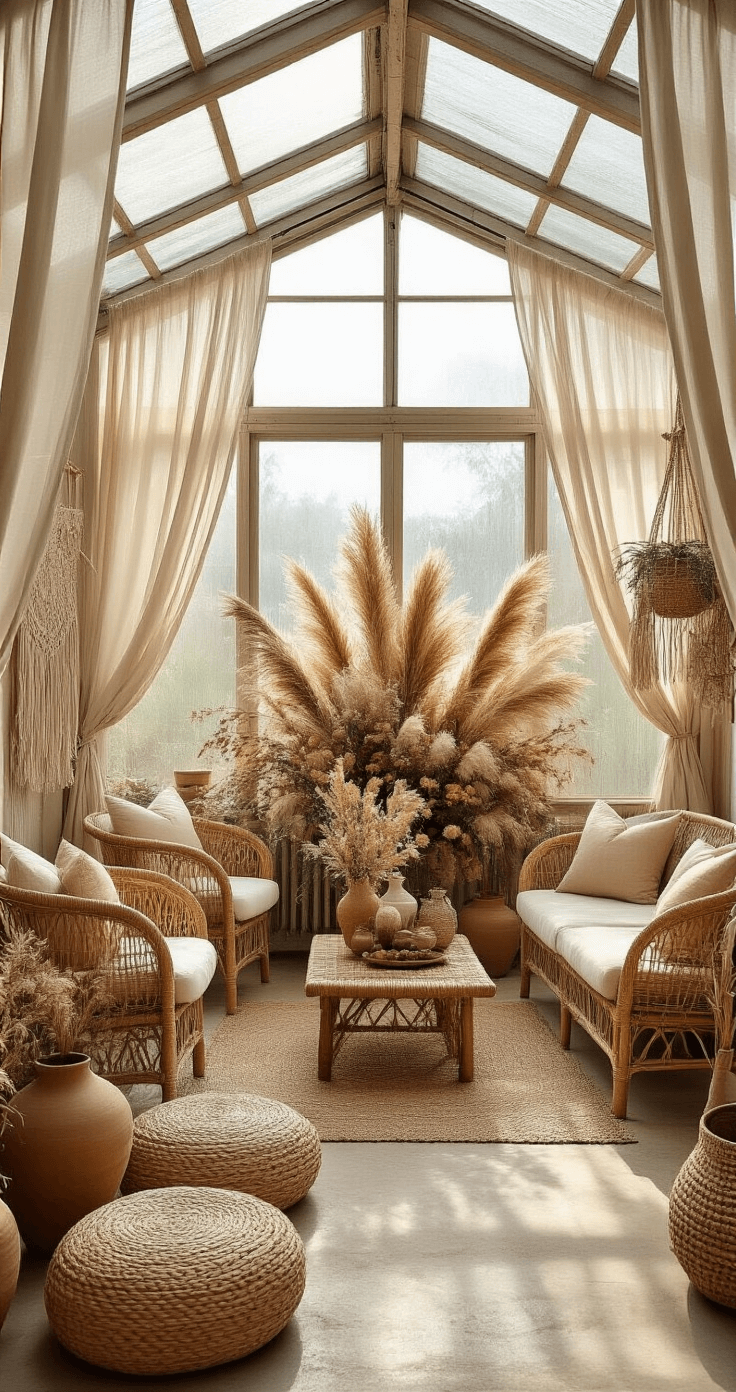 Bridal Shower Themes 2025: Your Ultimate Guide to Unforgettable Celebrations A spacious greenhouse-inspired interior with skylights, featuring filtered afternoon light, rattan furniture around a central floral installation of pampas grass and dried botanicals, macramé wall hangings, and an earth-tone palette of sand, rust, cream, and sage. The shot is taken from ground level to emphasize height, showcasing woven poufs, ceramic vessels, and hanging plants in an organic modern aesthetic.