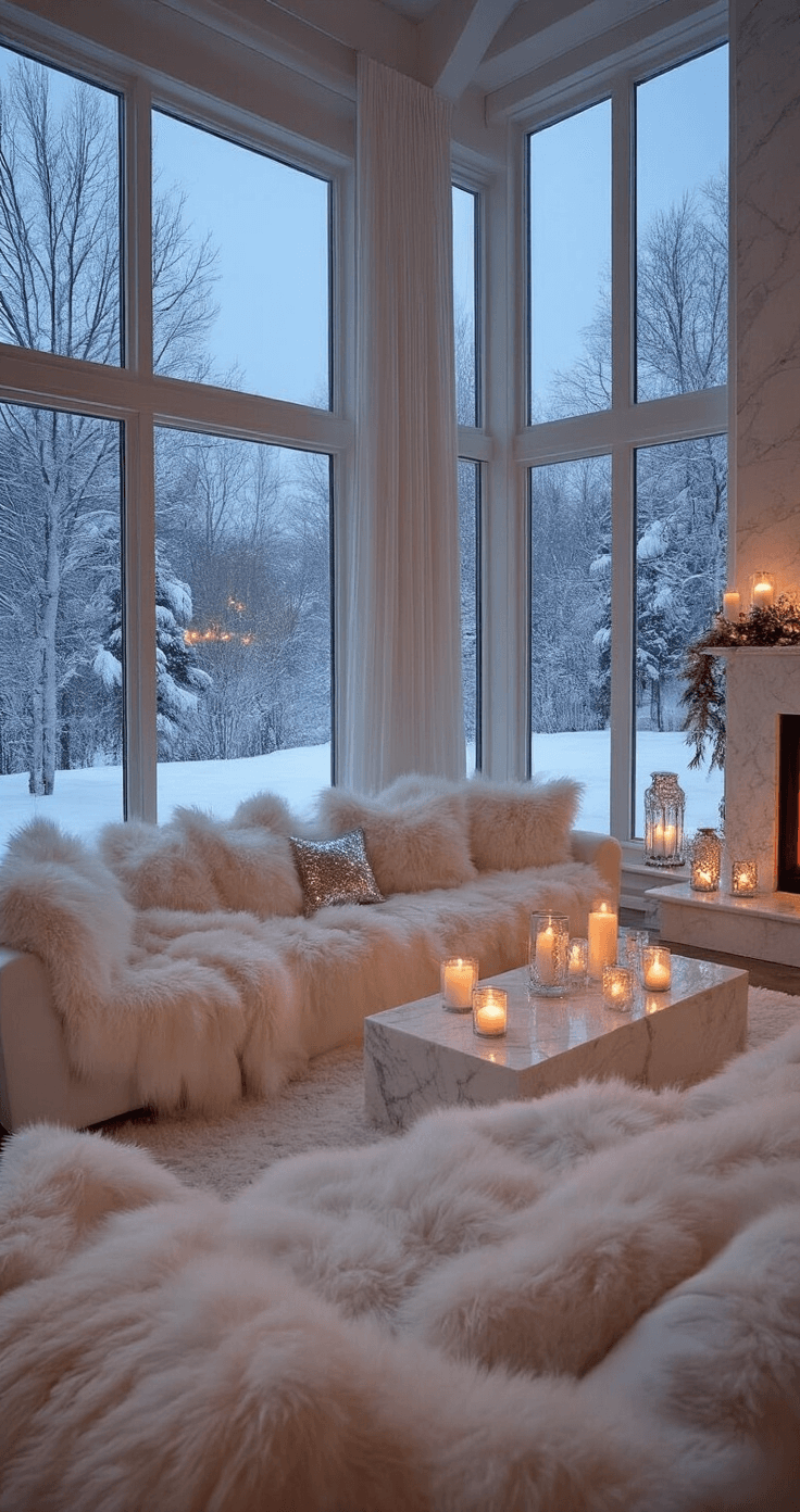 Bridal Shower Themes 2025: Your Ultimate Guide to Unforgettable Celebrations A cozy winter lounge features floor-to-ceiling windows revealing a snowy landscape, with warm evening lighting, marble fireplace, and velvet seating adorned with white fur throws. Silver and crystal accents complement the color scheme of winter white, platinum, ice blue, and silver, enhanced by mercury glass, floating candles, and frosted branches, creating an intimate atmosphere from a hearth perspective.