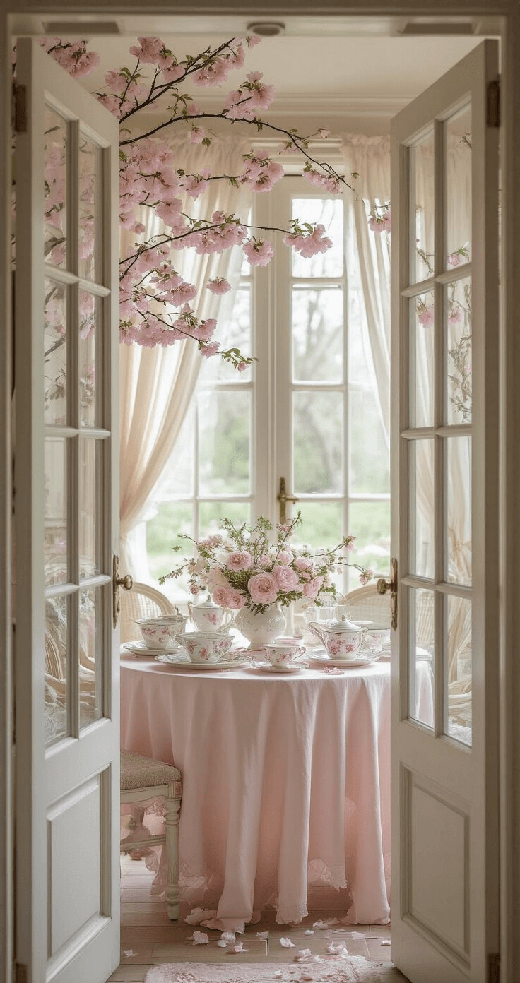 Bridal Shower Themes 2025: Your Ultimate Guide to Unforgettable Celebrations A spring garden room featuring French doors, with mid-morning light streaming through sheer curtains, showcasing a pastel table setting adorned with vintage china, cherry blossom branches, and scattered petals in blush pink, mint green, lavender, and cream tones.