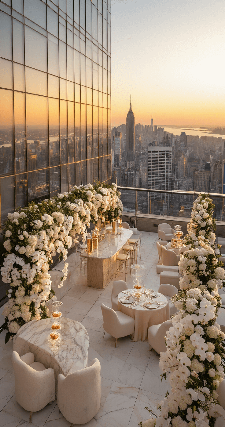 Bridal Shower Venue Guide: Finding Your Perfect Celebration Spot Luxurious rooftop bridal shower in a sprawling penthouse terrace at golden hour, featuring modern lounge furniture in cream and blush, a geometric marble bar topped with champagne towers, ghost chairs around circular tables with silk linens, and cascading floral installations of white orchids and peonies, all set against the Manhattan skyline.