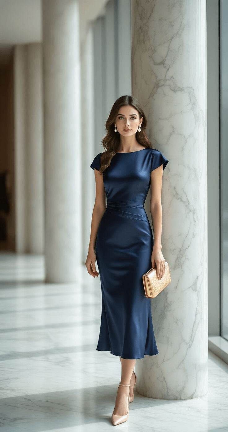 A woman in a navy blue satin midi dress with cap sleeves and subtle pleating poses in a minimalist hotel lobby with marble floors and floor-to-ceiling windows, mid-morning light highlighting her pearl drop earrings and gold clutch.