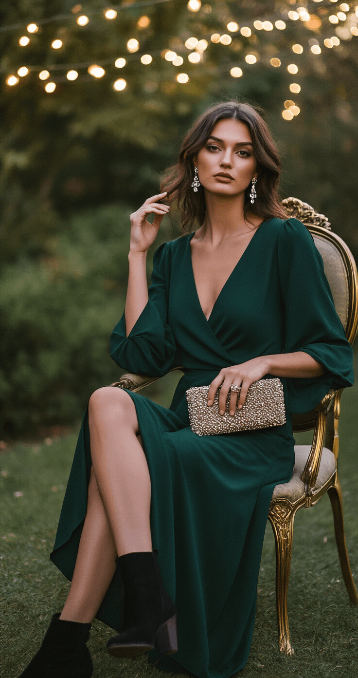 Model in a forest green wrap dress seated on an antique brass chair in an intimate garden ceremony setting at dusk, with twinkle lights blurred in the background; she wears vintage crystal drop earrings, black suede ankle boots, and holds a beaded evening clutch, captured from above in moody lighting.