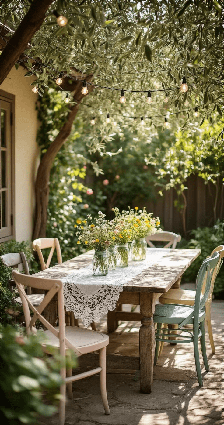 Bridal Shower Venue Guide: Finding Your Perfect Celebration Spot A cozy cottage garden patio featuring a weathered wooden farmhouse table adorned with vintage lace runners and wildflower arrangements in mason jars, surrounded by mismatched pastel chairs. Dappled sunlight filters through olive trees, with string lights overhead creating a whimsical romantic atmosphere.