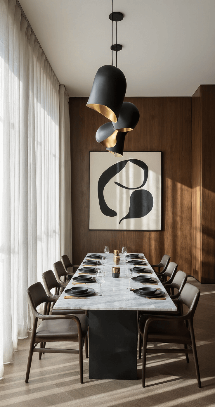 Bridal Shower Venue Guide: Finding Your Perfect Celebration Spot A spacious minimalist private dining room featuring walnut paneling, a long marble table set with matte black plates and gold flatware, and an abstract art installation on the wall, all illuminated by natural light filtering through floor-length sheers. Dramatic shadows are cast by sculptural pendant lights.