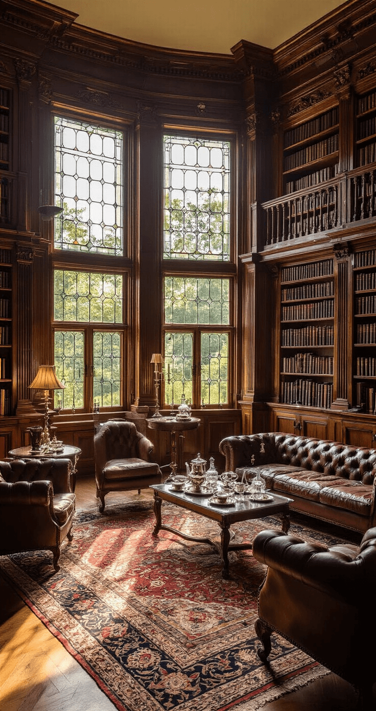 Bridal Shower Venue Guide: Finding Your Perfect Celebration Spot A luxurious historic mansion library featuring rich mahogany paneling, 15ft bookcases filled with books, and sunlight streaming through leaded glass windows. The room includes tufted leather chesterfields, velvet accent chairs, and an antique Persian rug, with a tea service on silver trays and crystal decanters illuminating the space. The view is taken from the height of a library ladder, showcasing the elegant layout and timeless decor.