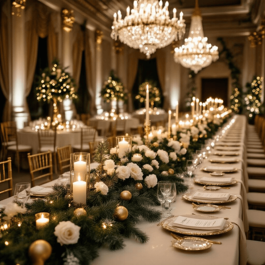 Stunning Garlands: Your Ultimate Guide to Creating Picture-Perfect Event Decor A grand ballroom set for a luxurious winter wedding reception, illuminated by warm candlelight, with evergreen garlands, twinkling fairy lights, and elaborate centerpieces of white roses and pine branches on ivory silk-covered tables. Crystal chandeliers cast a soft glow over gilded place settings and calligraphy name cards, creating an elegant atmosphere.