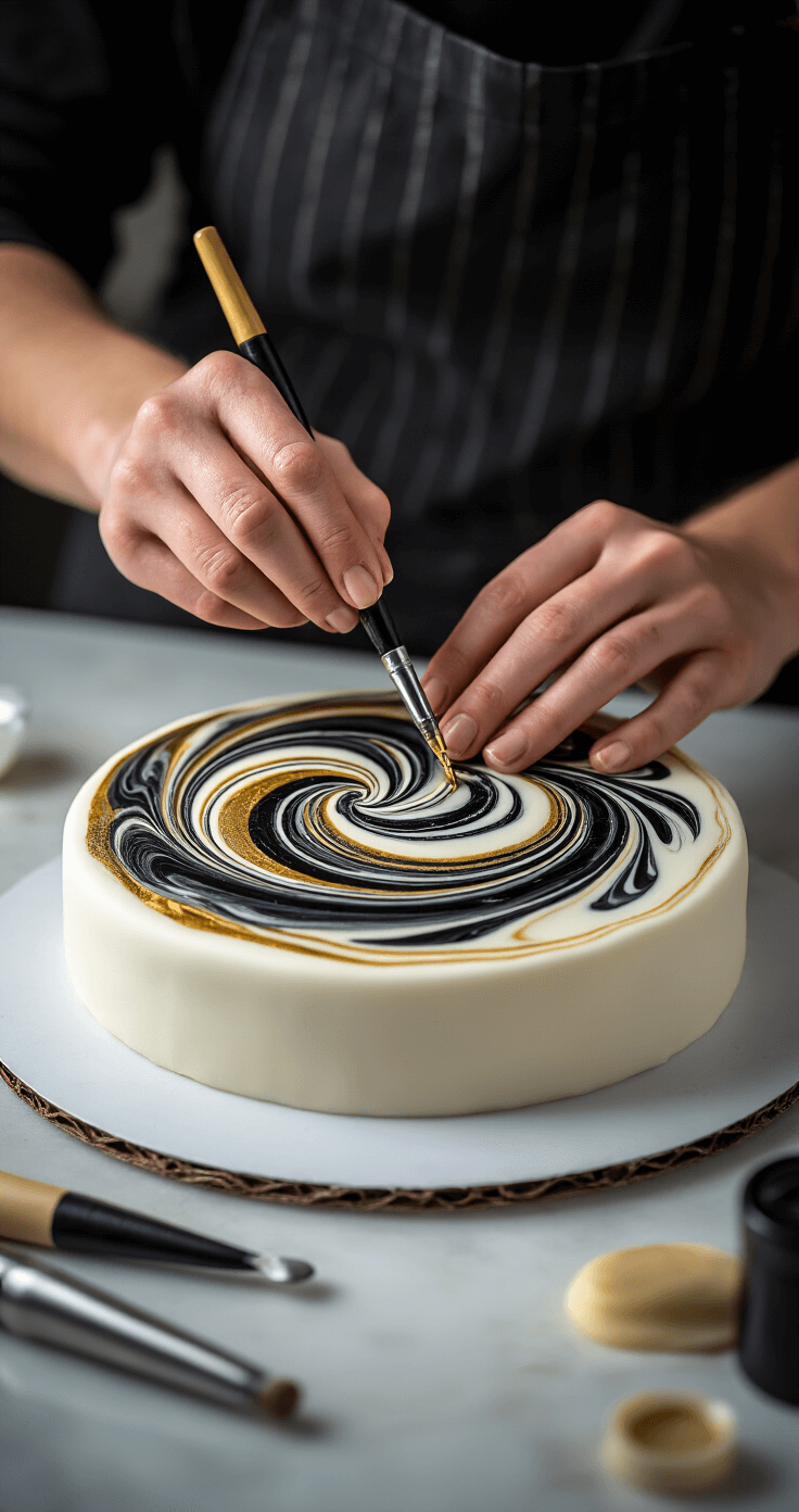 Close-up of hands skillfully marbling black and metallic gold on white fondant, with professional tools and dramatic side lighting highlighting texture, and a blurred cake turntable and piping tools in the background.