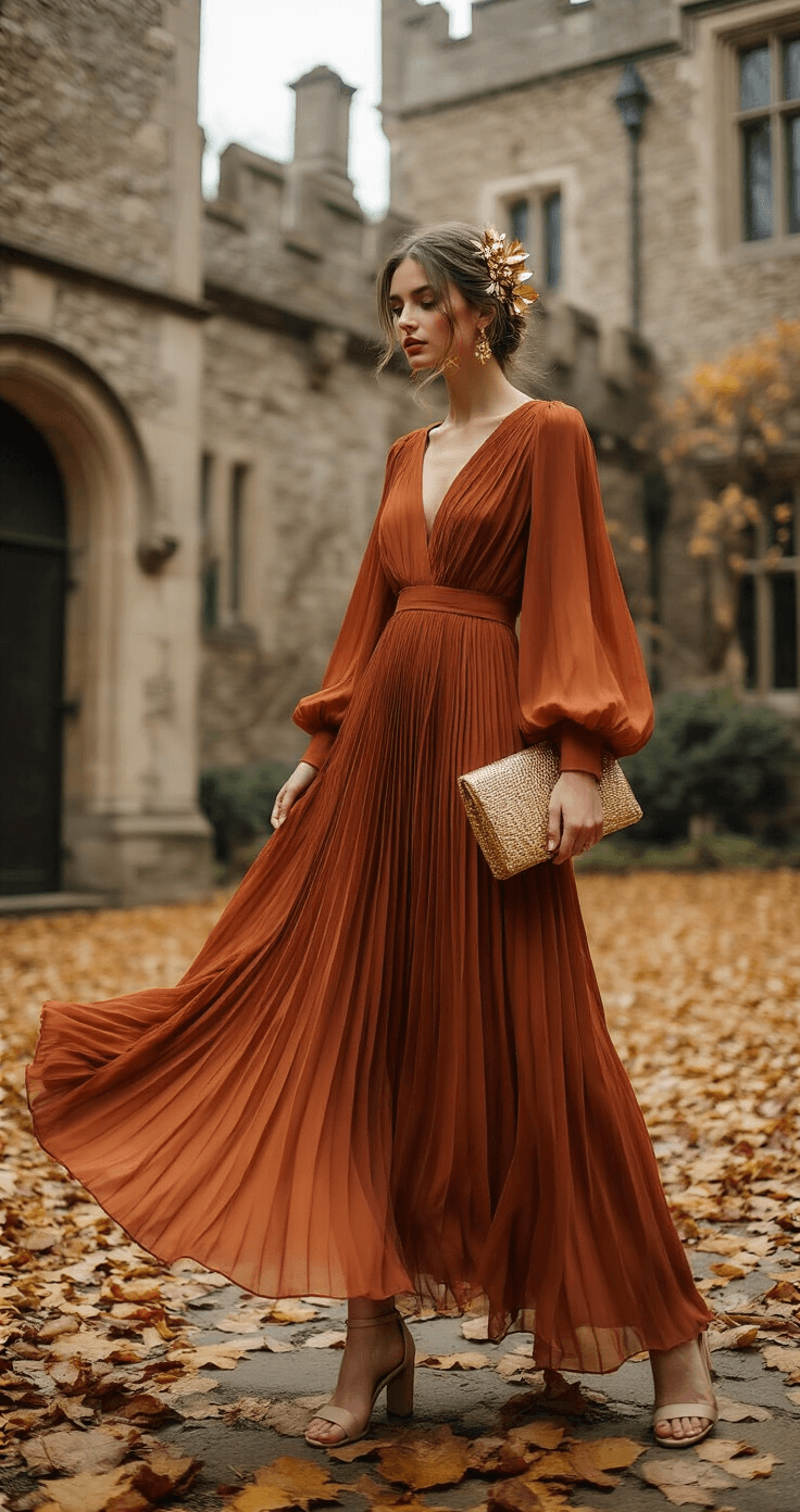 Model twirls in a rust-colored pleated chiffon maxi dress with balloon sleeves, adorned with gold leaf hair accessories, in an autumn courtyard surrounded by fallen leaves and stone architecture, capturing the dress's movement in soft, natural light.