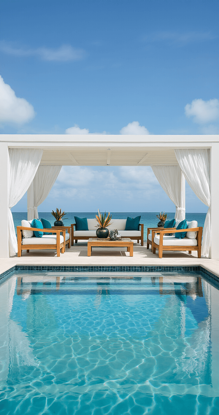 Bridal Shower Venue Guide: Finding Your Perfect Celebration Spot A luxurious poolside cabana featuring retractable glass walls, white-cushioned teak furniture with azure accents, and tropical arrangements in tall ceramic vessels, all reflected in the infinity pool under a cloudless sky.