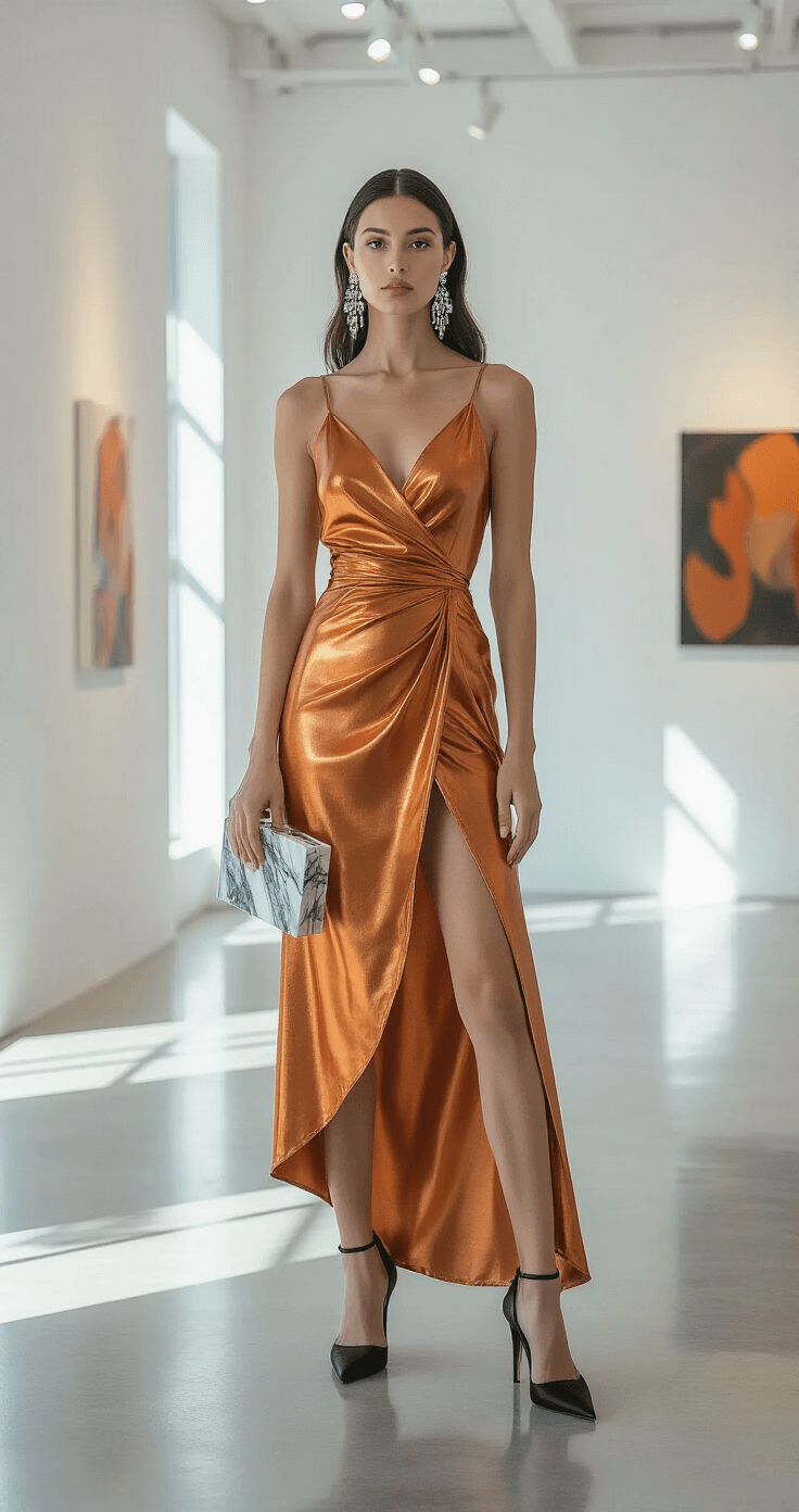 A model in a copper metallic wrap dress with asymmetrical hem poses in a contemporary art gallery with white walls and polished concrete floors, showcasing crystal chandelier earrings, black pointed stilettos, and a marble-effect acrylic clutch, with hair styled in modern sleek waves. The image captures multiple angles highlighting the interplay of light on the metallic fabric amidst bright gallery lighting.