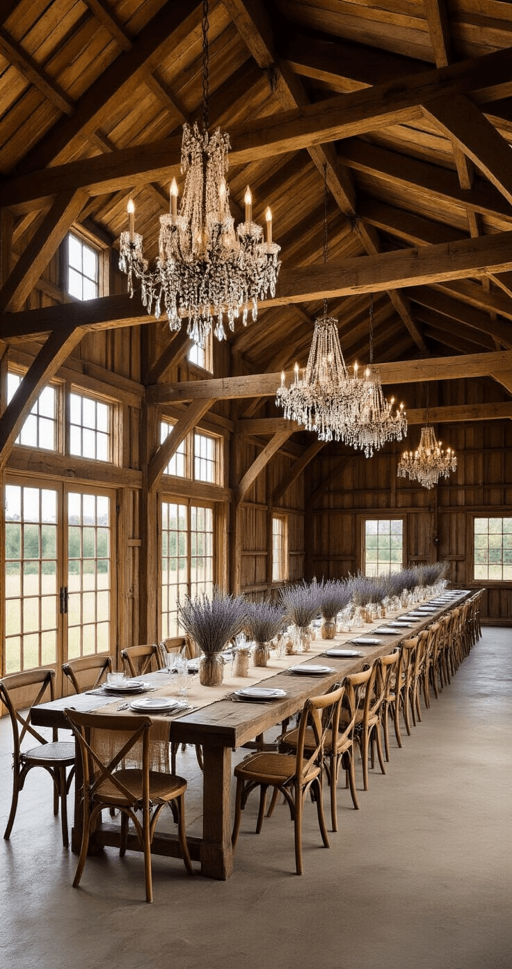 Bridal Shower Venue Guide: Finding Your Perfect Celebration Spot A beautifully restored rustic barn interior featuring a 20ft exposed beam ceiling, filled with late morning light from clerestory windows. Long harvest tables with cross-back chairs are adorned with burlap runners, while dried lavender and wheat bundles hang from the rafters, complemented by vintage crystal chandeliers. The ultra-wide angle captures the full height and length of the space, evoking a sense of refined country charm.