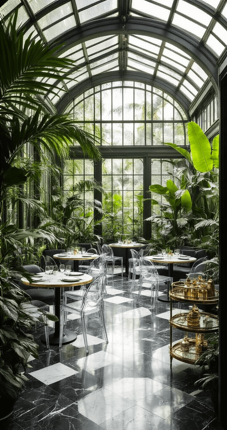 Bridal Shower Venue Guide: Finding Your Perfect Celebration Spot A stylish boutique hotel conservatory featuring a 700 sq ft glass-enclosed space with black and white marble flooring, ghost chairs around circular tables, tropical plants along the perimeter, and an art deco bar cart, illuminated by diffused afternoon light and showcasing geometric patterns from an elevated angle.