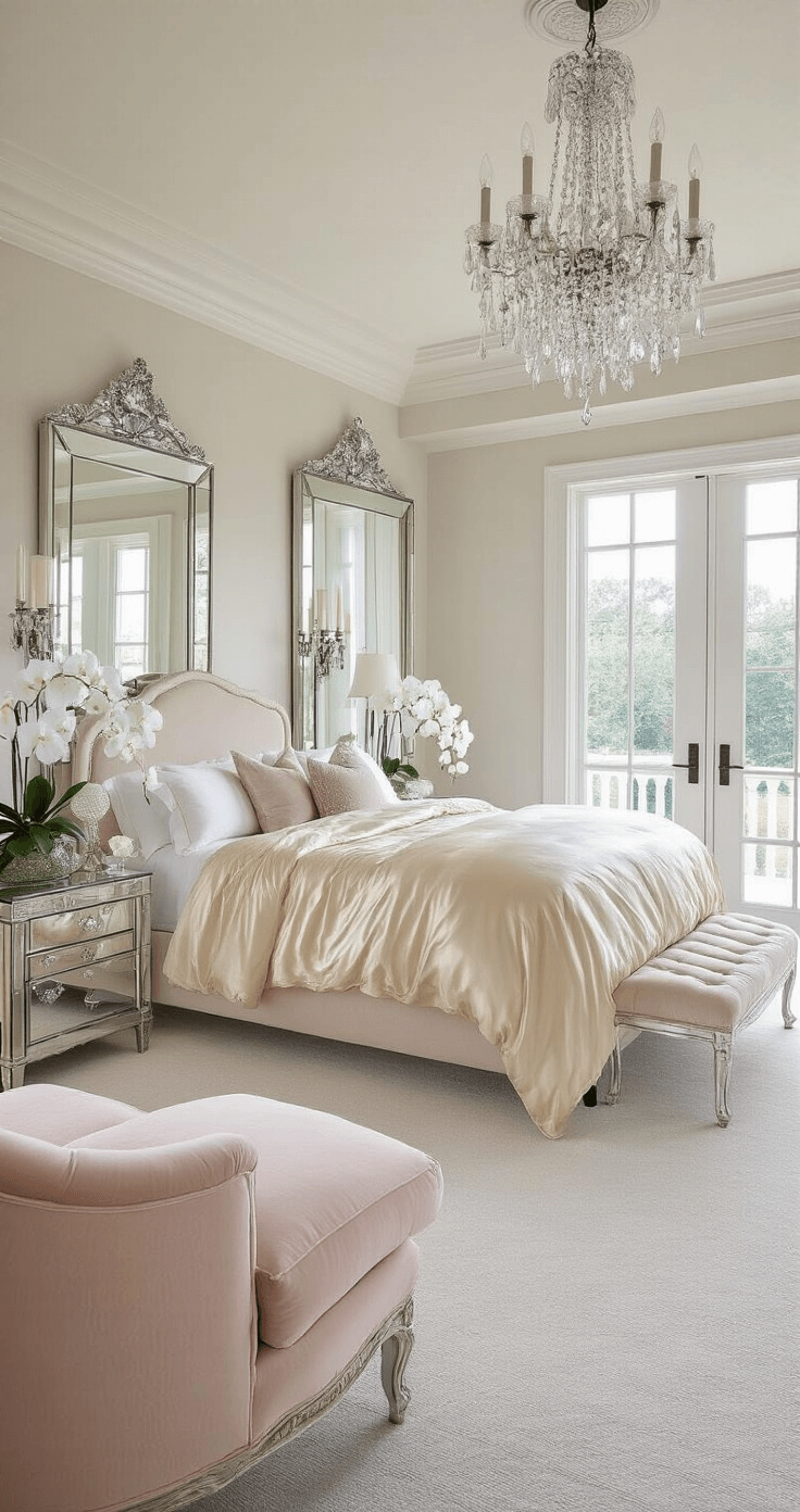 A sunlit luxury bridal suite featuring a four-poster bed with a silk duvet, Venetian mirrors, crystal sconces, and blush pink chaise lounge under a chandelier, all set against pale gray walls and cream carpet.