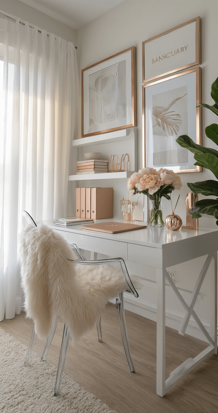 A modern home office featuring a clean-lined white desk adorned with rose gold accessories, leather-bound planners, and fresh peonies, illuminated by golden hour light filtering through sheer curtains. A ghost chair with a faux fur throw complements the space, while a gallery wall with metallic frames and a fiddle leaf fig in the corner enhance the organized sophistication.