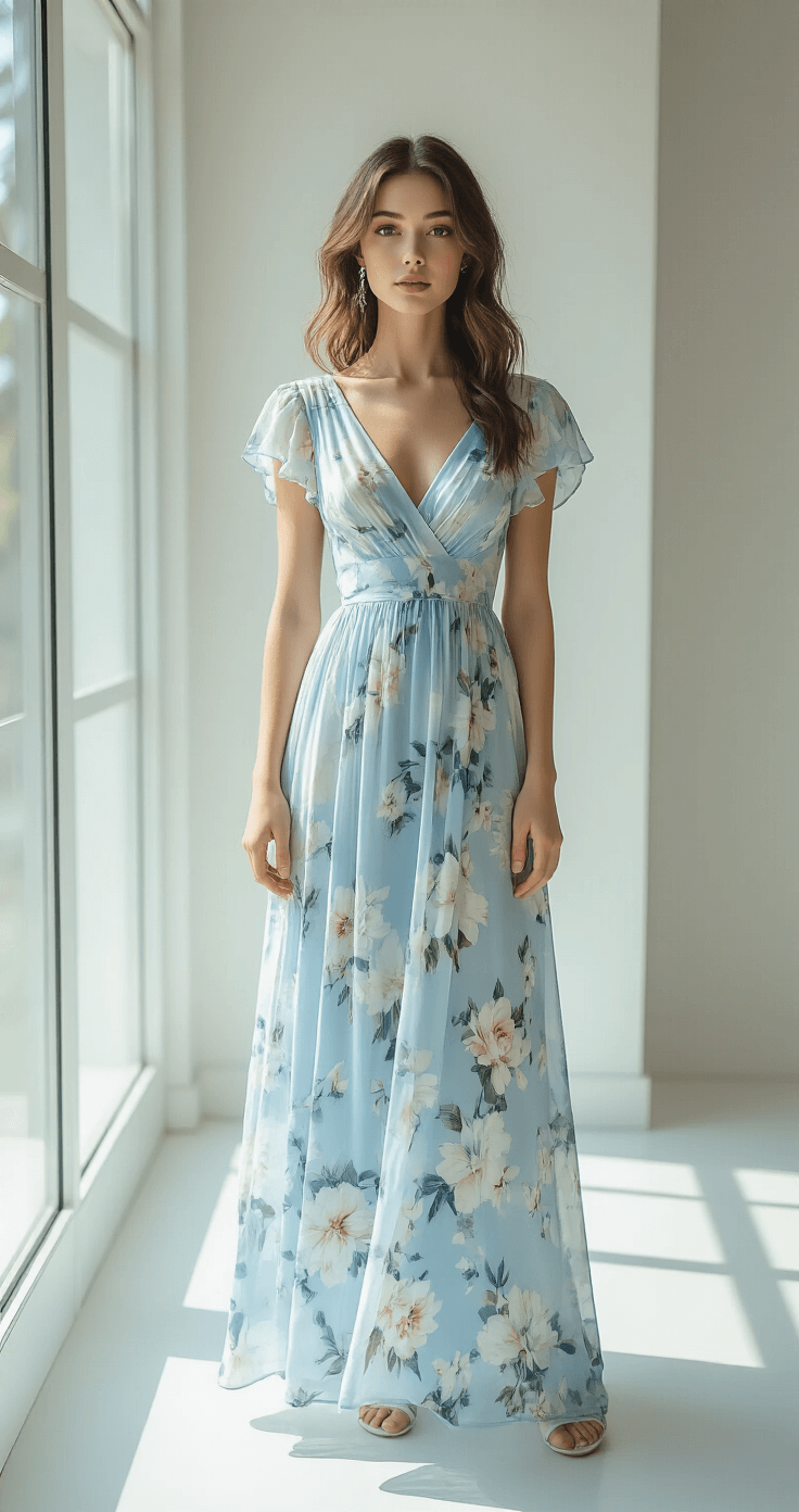 A model stands in a bright white studio, wearing a pastel blue floral print maxi dress with cap sleeves and delicate ruching, styled for a spring wedding. She has natural makeup, loose waves, and dainty silver accessories. Flooded with morning light, the space features floor-to-ceiling windows and subtle shadows, capturing the full outfit details in a wide-angle shot.