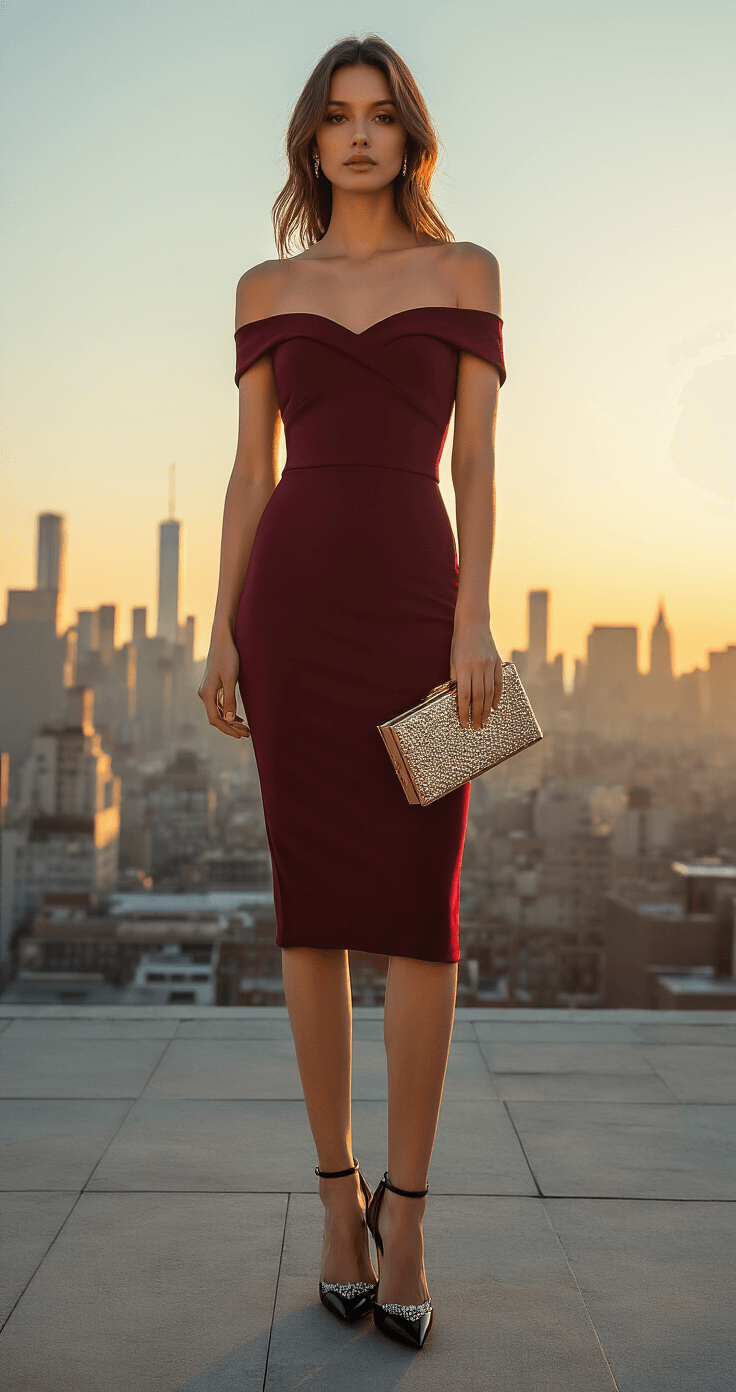 A woman in a burgundy off-shoulder cocktail dress stands on a chic urban rooftop at sunset, with a city skyline in the background. She wears crystal-embellished black pumps and holds a structured metallic box clutch, bathed in warm golden hour lighting that highlights her outfit. The shot is taken from street level, adding a dramatic perspective.