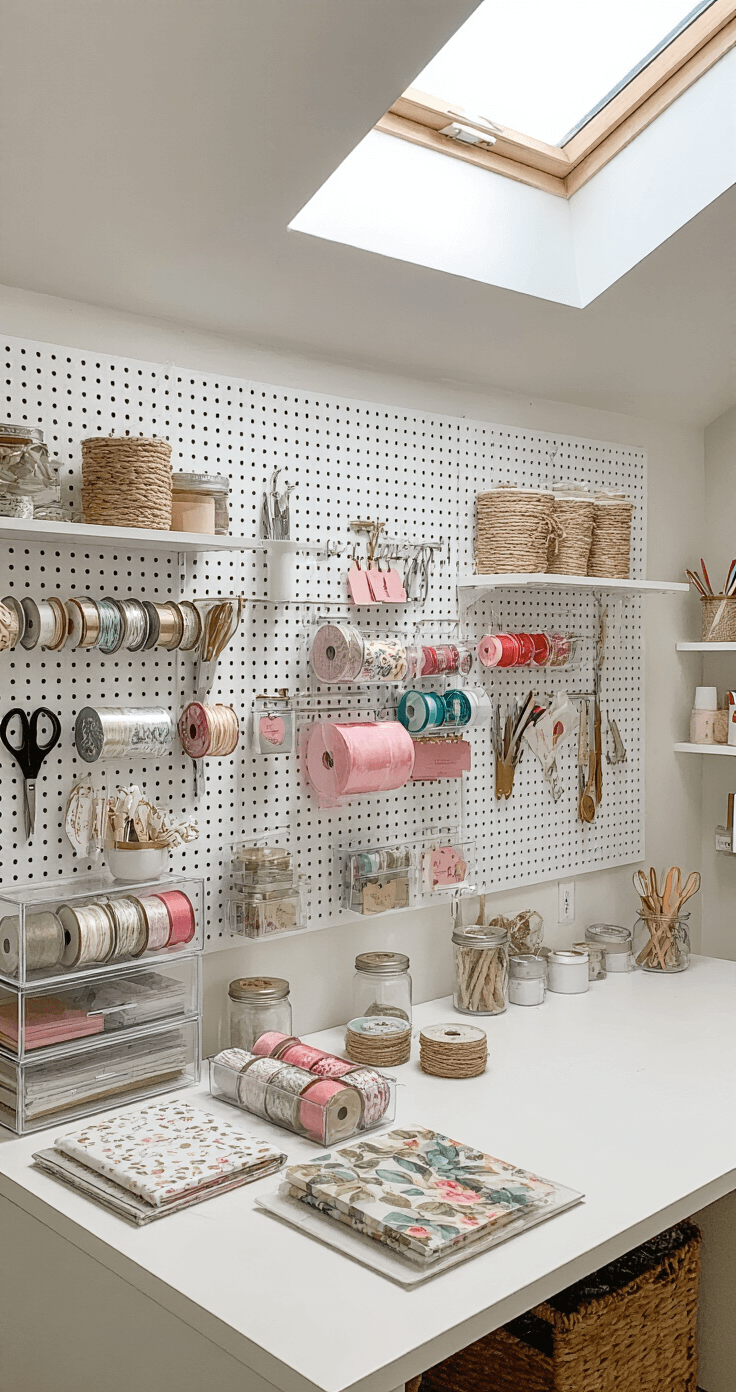 A bright and organized gift wrapping station in a 10x12ft craft room, featuring a white counter-height table adorned with neatly arranged ribbon spools, custom papers, and metallic twine in glass jars, under natural light from a skylight. A pegboard wall displays scissors and tools, while acrylic organizers hold tags and cards, all captured from above to emphasize the creative efficiency of the space.