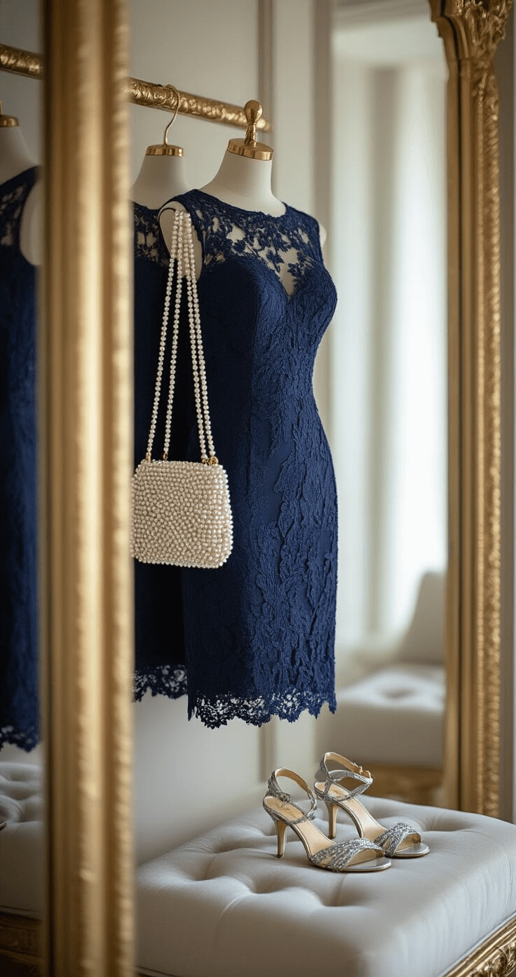 A luxurious dressing room featuring a navy blue column dress with intricate lace overlay, silver strappy sandals, pearl cluster earrings, and a beaded evening bag, bathed in soft mid-morning light and captured in detail with a macro lens.