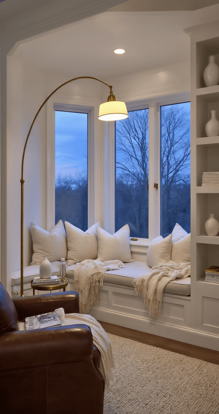 A cozy reading nook featuring a twilight blue hour ambiance with an alcove window seat adorned with oversized ivory cushions and cashmere throws. A brass floor lamp arches over a leather armchair, while a side table holds an essential oil diffuser and stacked wedding magazines. Floating shelves display white ceramic vases, all captured at eye level from the corner, evoking a peaceful retreat atmosphere.