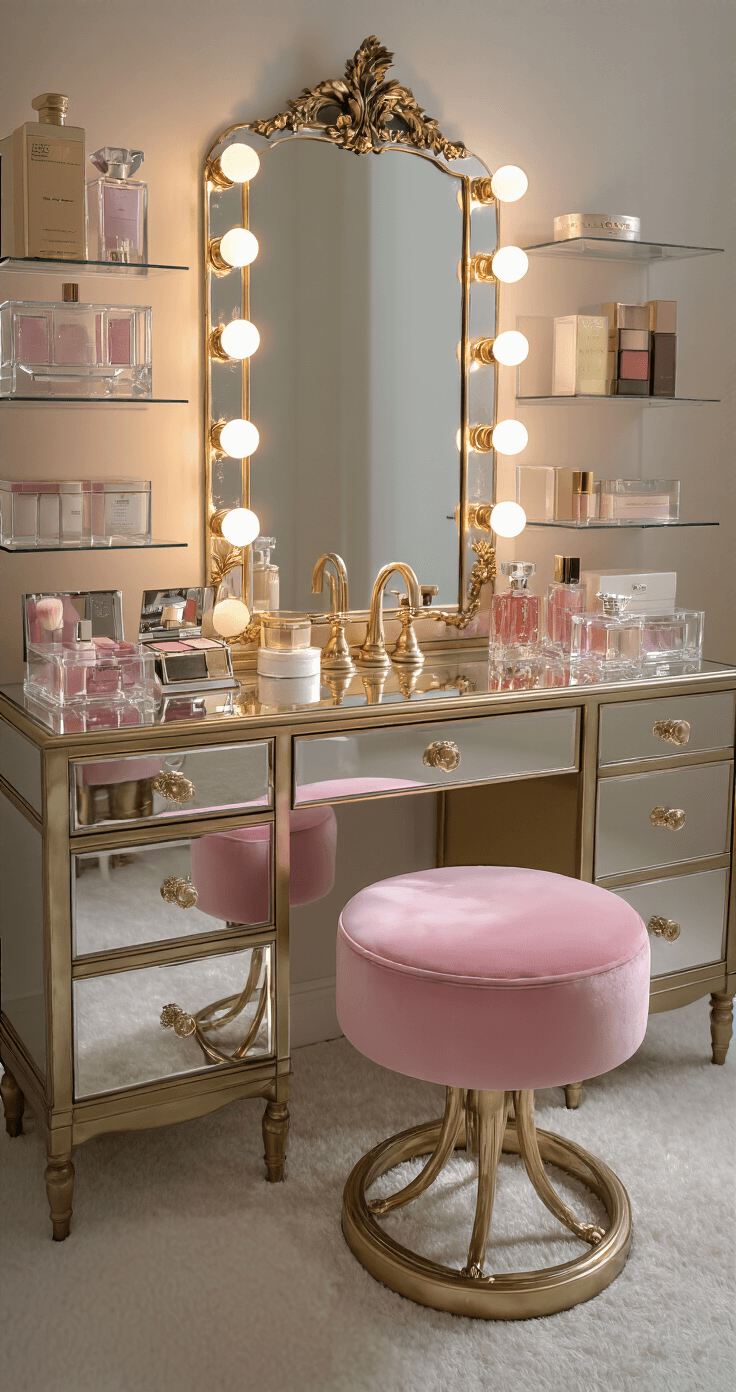 A glamorous dressing room featuring an antique mirror wall, soft morning light from frosted windows, and a Hollywood-style vanity mirror with brass fixtures. A pink velvet stool sits at a mirrored makeup station, surrounded by lucite containers of luxury beauty products and crystal perfume bottles sparkling in the light. The image has a subtle bokeh effect, enhancing the elegant atmosphere.