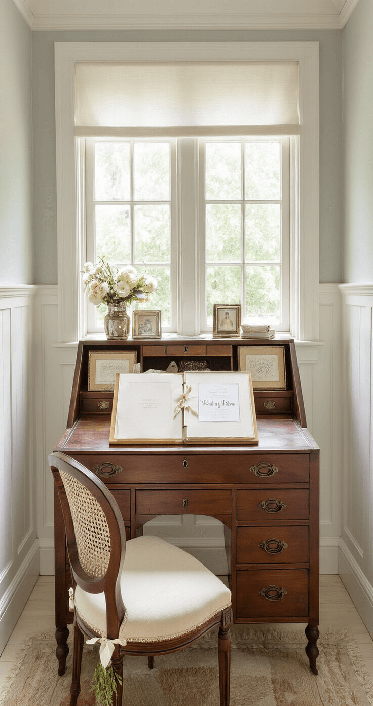 A cozy memory-keeping corner featuring a vintage secretary desk displaying wedding album materials, with mercury glass frames, ribbon-tied letters, and pressed flowers under glass, all illuminated by golden afternoon light filtering through a bay window. The scene includes an antique chair with a cream cushion, soft gray walls, and white trim, captured from a 30-degree angle to highlight the nostalgic elegance of the space.