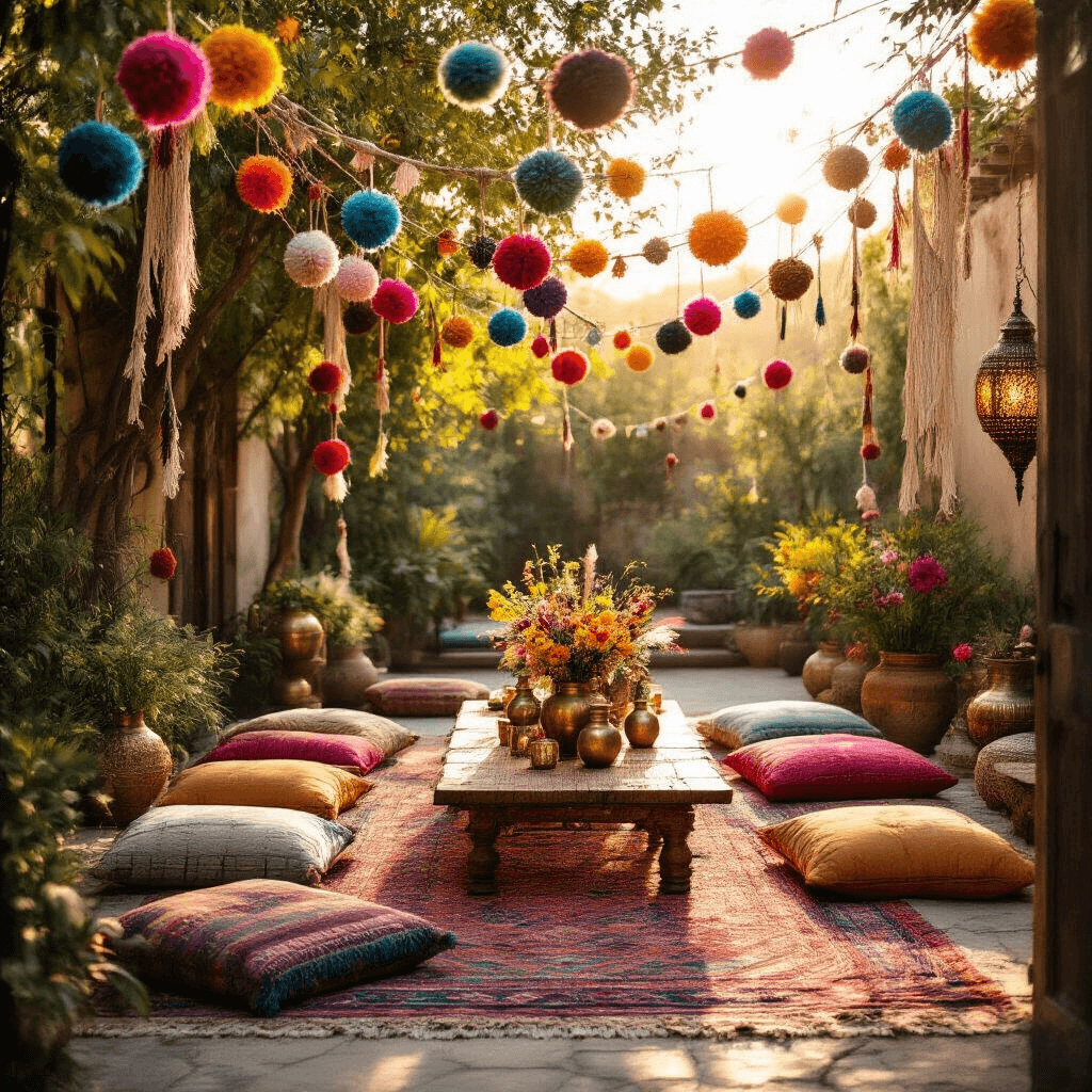 Stunning Garlands: Your Ultimate Guide to Creating Picture-Perfect Event Decor An intimate bohemian birthday celebration in a sunlit backyard, featuring colorful yarn pom-pom garlands overhead, low tables with macramé runners, plush jewel-toned cushions, brass vases with wildflowers and feathers, and Moroccan lanterns casting intricate shadows, evoking a warm, inviting atmosphere.