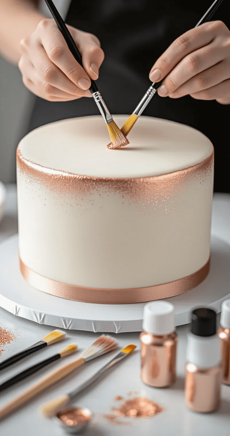 Close-up of a pristine white fondant wedding cake being delicately painted with rose gold metallic dust, with professional cake decorating tools in the foreground.