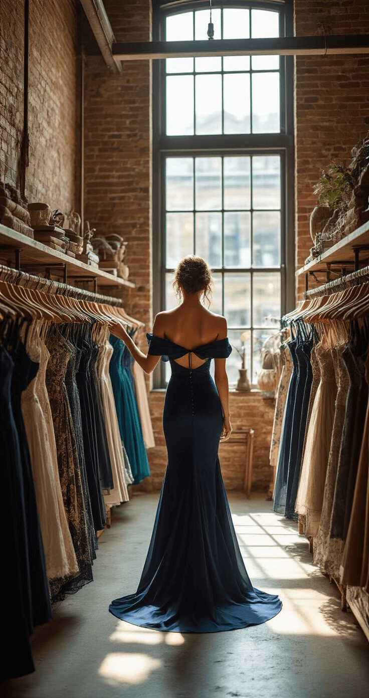 Wedding Guest Dress: Your Ultimate Style Survival Manual A stylish boutique interior featuring exposed brick walls and vintage furnishings, with a woman examining a navy blue off-shoulder cocktail dress against a backdrop of jewel-toned and metallic dresses, illuminated by natural light from industrial windows that casts dramatic shadows.