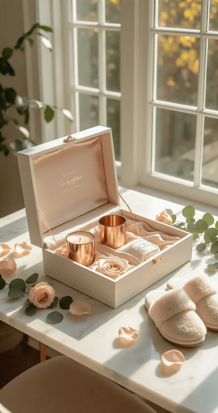 Elegant proposal box arrangement on a marble desk in a sunlit home office, featuring a blush silk-lined box with a rose gold tumbler, vanilla candle, and cream slippers, surrounded by rose petals and eucalyptus, captured from above.