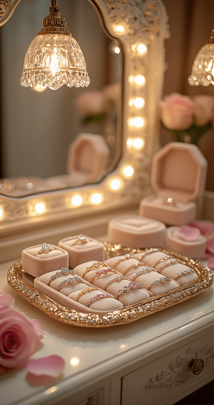 Intimate dressing room scene featuring a vintage vanity with warm pendant lighting, showcasing a crystal jewelry display of delicate birthstone bracelets on a mirrored tray, surrounded by champagne-toned velvet ring boxes and scattered rose petals, captured with a bokeh effect.