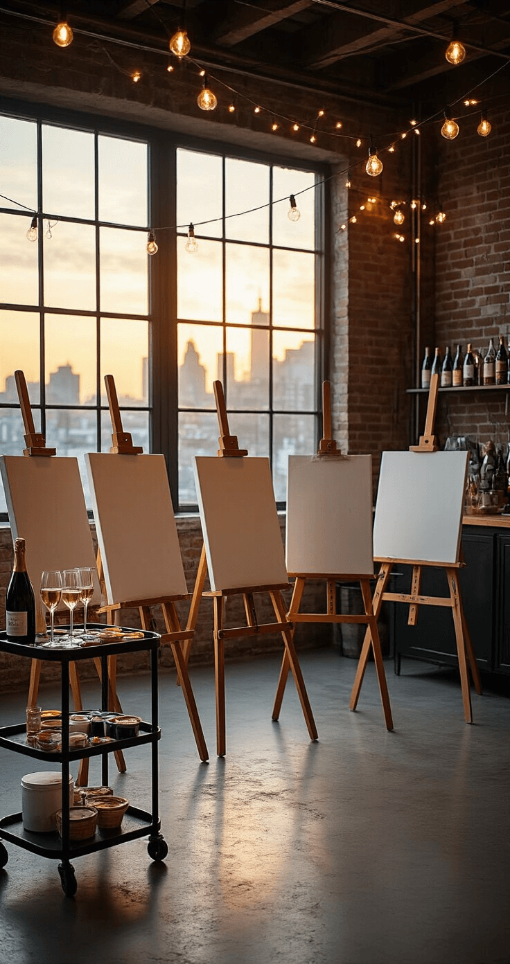 A spacious contemporary loft with four easels near large industrial windows at golden hour, each holding a blank canvas and wine glass. A stylish bar cart displays paint supplies and prosecco, while fairy lights create a warm atmosphere in the low angle shot with dramatic side lighting.
