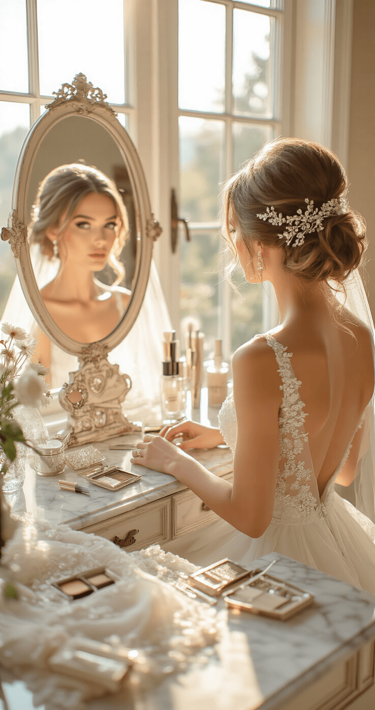 A bride with an elegant updo and pearl-encrusted pins sits at a vintage vanity in a sun-drenched suite, her reflection visible in the mirror, surrounded by luxury styling tools and a delicate lace veil.
