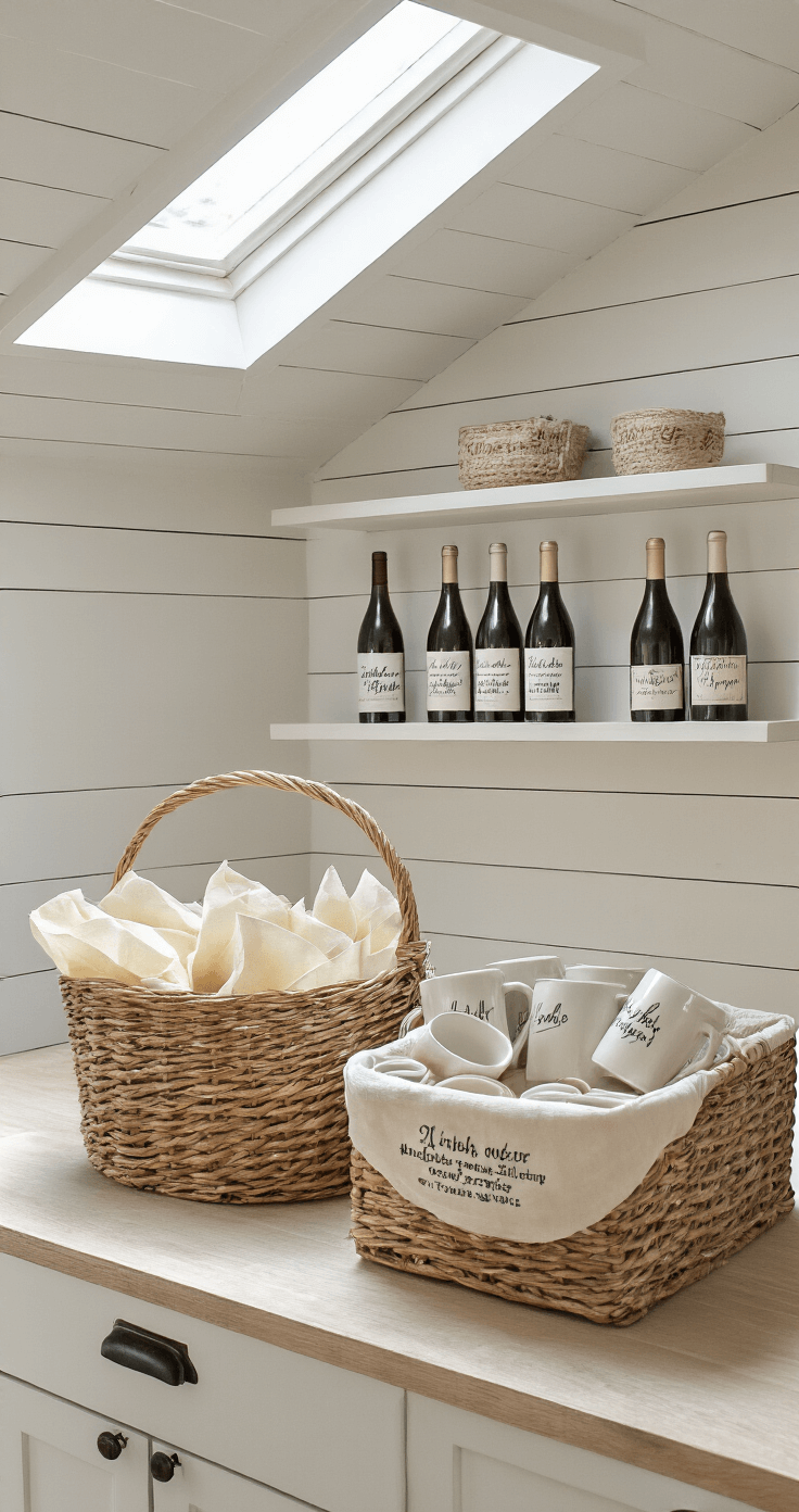 A modern farmhouse kitchen featuring shiplap accent walls, floating shelves displaying custom wine bottles with handwritten labels, and a vintage delivery basket with personalized mugs. Morning light streams in through a skylight, illuminating the space from a corner angle.